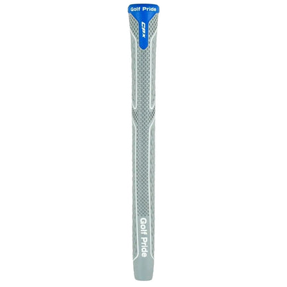 A gray golf grip with textured patterns is standing upright showcasing its smooth surface and brand name Golf Pride prominently displayed near the bottom on a neutral background.