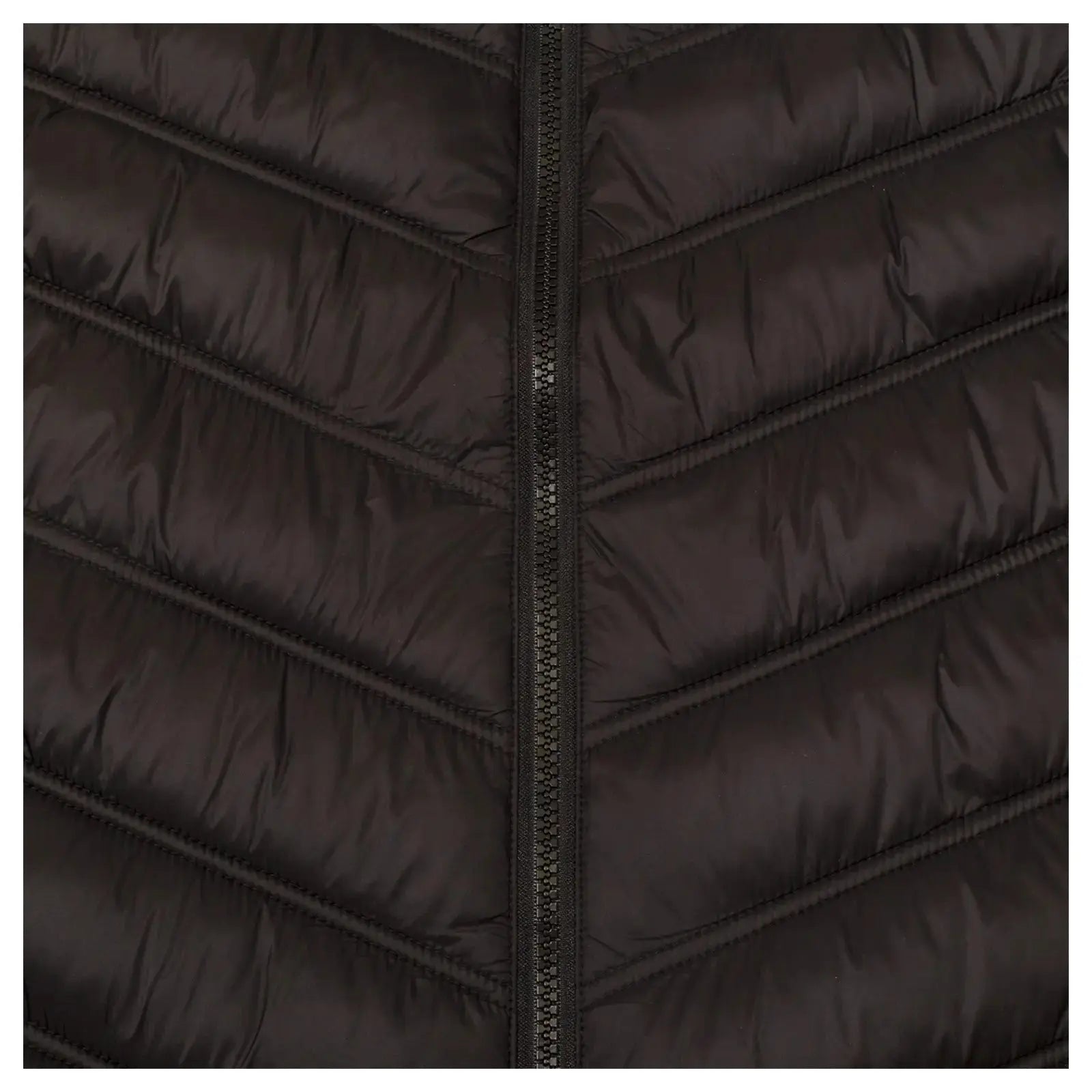 A black puffer jacket features a chevron pattern with a front zipper, designed for warmth and insulation, suitable for cold weather or outdoor activities.