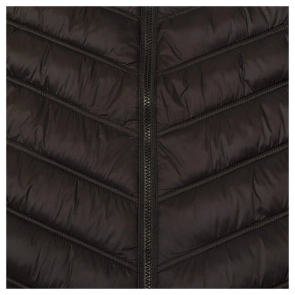 A black puffer jacket features a chevron pattern with a front zipper, designed for warmth and insulation, suitable for cold weather or outdoor activities.