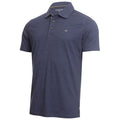 A navy blue short-sleeved polo shirt is displayed standing upright showcasing its collar three buttons and a small logo on the left chest area against a white background.