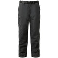 Black hiking pants are displayed standing upright with a belt attached showcasing a cargo pocket on the side designed for outdoor activities in rugged environments.