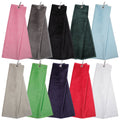 Colorful towels hang vertically in a row with clips attached at the top displaying various shades like pink grey black green and red set against a plain background.