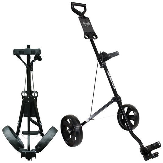 A golf pushcart with a collapsible design features a handle and three wheels for mobility. It stands upright when folded and is used to transport golf bags on the course.