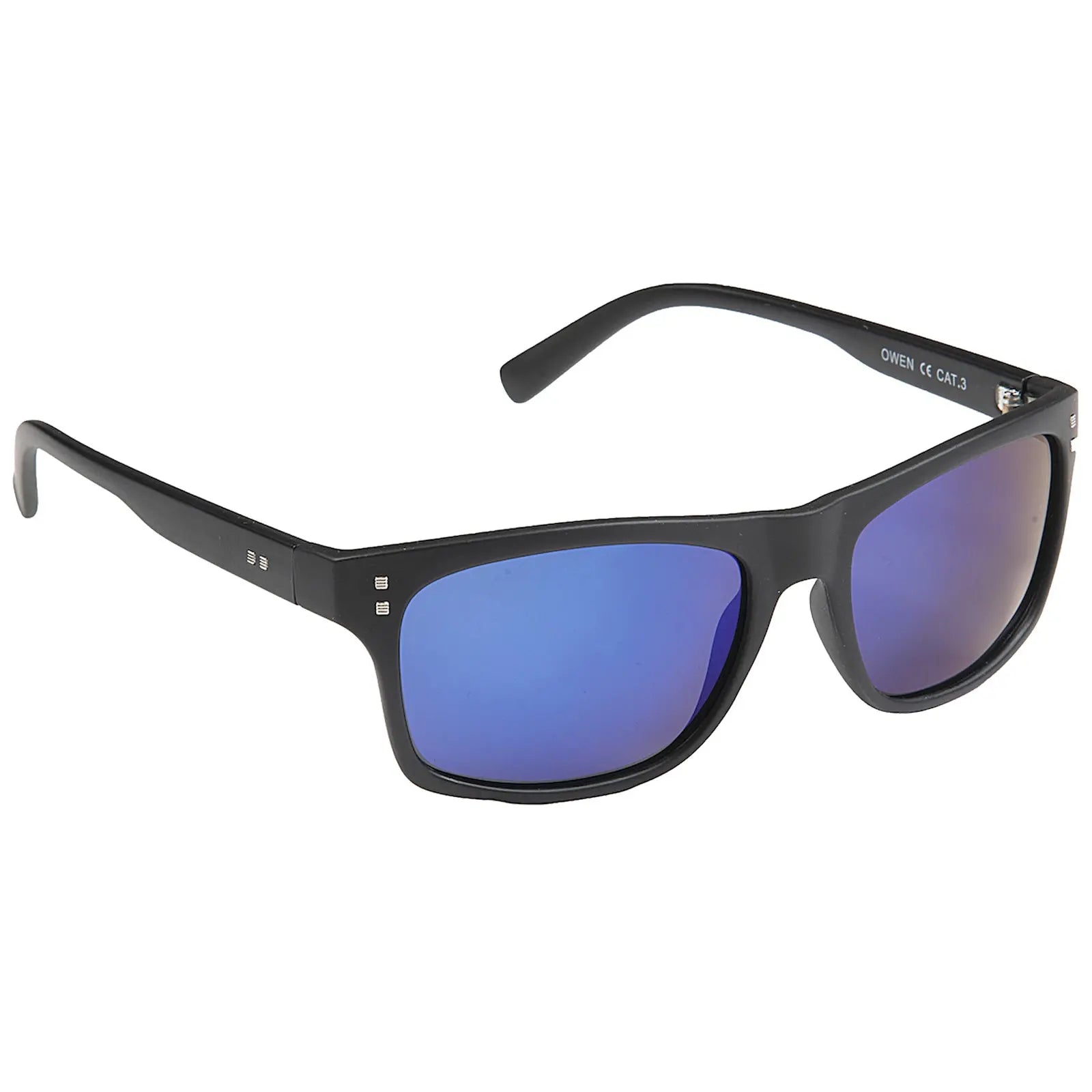 Sunglasses with a black frame and blue gradient lenses rest on a plain background showcasing their fashionable design and UV protection suitability for outdoor use.