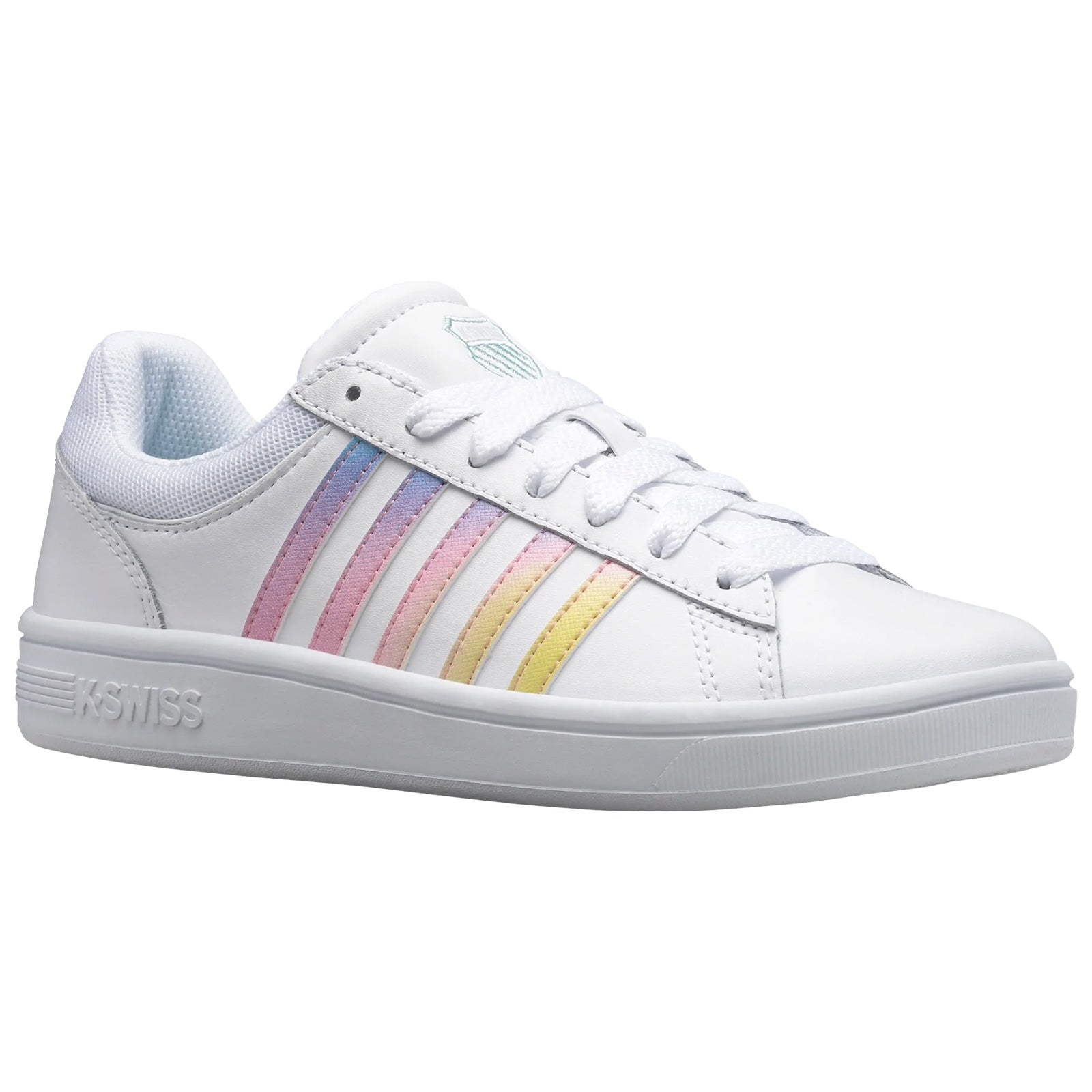 A white sneaker features colorful gradient stripes across the side, with laces and a textured sole, positioned against a plain background, suggesting a stylish casual setting.