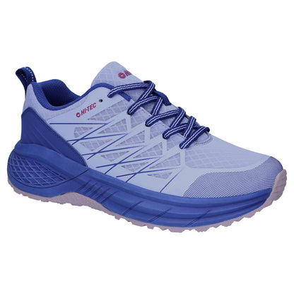 A blue and purple athletic shoe rests on a flat surface featuring a mesh upper and a textured sole designed for support and grip suitable for outdoor activities.