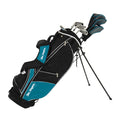 A black and turquoise golf bag stands upright with a set of clubs partially visible at the top featuring grips and headcovers in a casual setting suitable for outdoor golf activities.