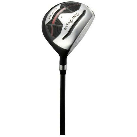 A golf club with a metallic head and a black shaft is positioned upright. Its head features a smooth surface and distinctive markings, set against a neutral background.