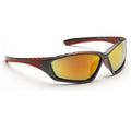 Sunglasses with a sleek design showcase reflective lenses that shift from green to orange resting on a flat surface featuring black and red accents on the frame for a sporty look