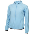 A light blue jacket with a hood is displayed hanging. The jacket is unzipped slightly and features a logo on the upper left side and elastic cuffs at the wrists.