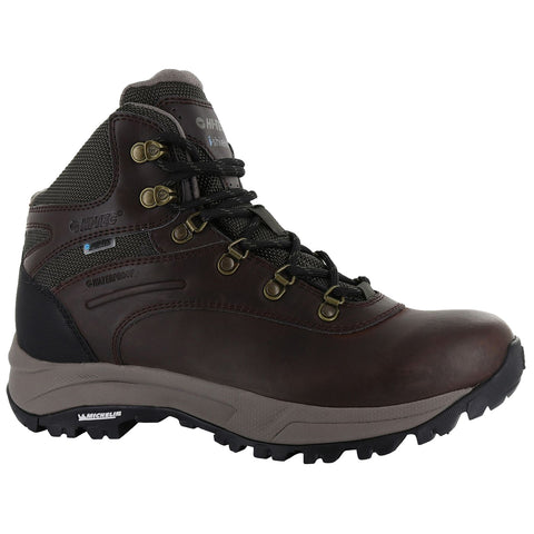 Hi-Tec Ladies Altitude VI I Waterproof Walking Boots A brown waterproof hiking boot features metal eyelets for laces reinforced ankle support and a rugged outsole designed for traction in outdoor environments