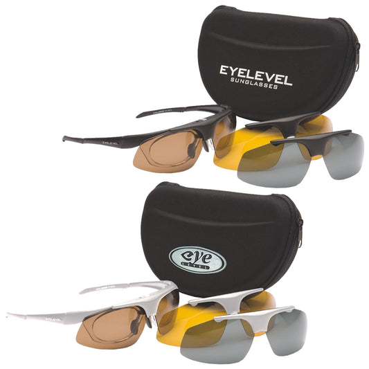 Eyelevel Challenger Polarized Shooting Glasses (3 Lenses) A black sunglasses case sits atop yellow and gray tinted sunglasses while another pair with brown lenses leans against it indicating outdoor sporting use in a bright environment.