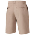 Beige shorts are displayed facing slightly to the right showing two back pockets and a small logo on the side in a clean, neutral background emphasizing the clothing item.