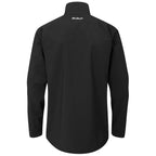 A black long-sleeve shirt hangs vertically displaying a high collar and smooth fabric with a logo on the upper back suggesting a casual or athletic context