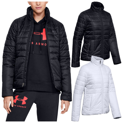 Three puffer jackets are displayed; one black jacket is being worn by a model in a black hoodie with a red logo while the other two jackets are black and white and showcased beside her.