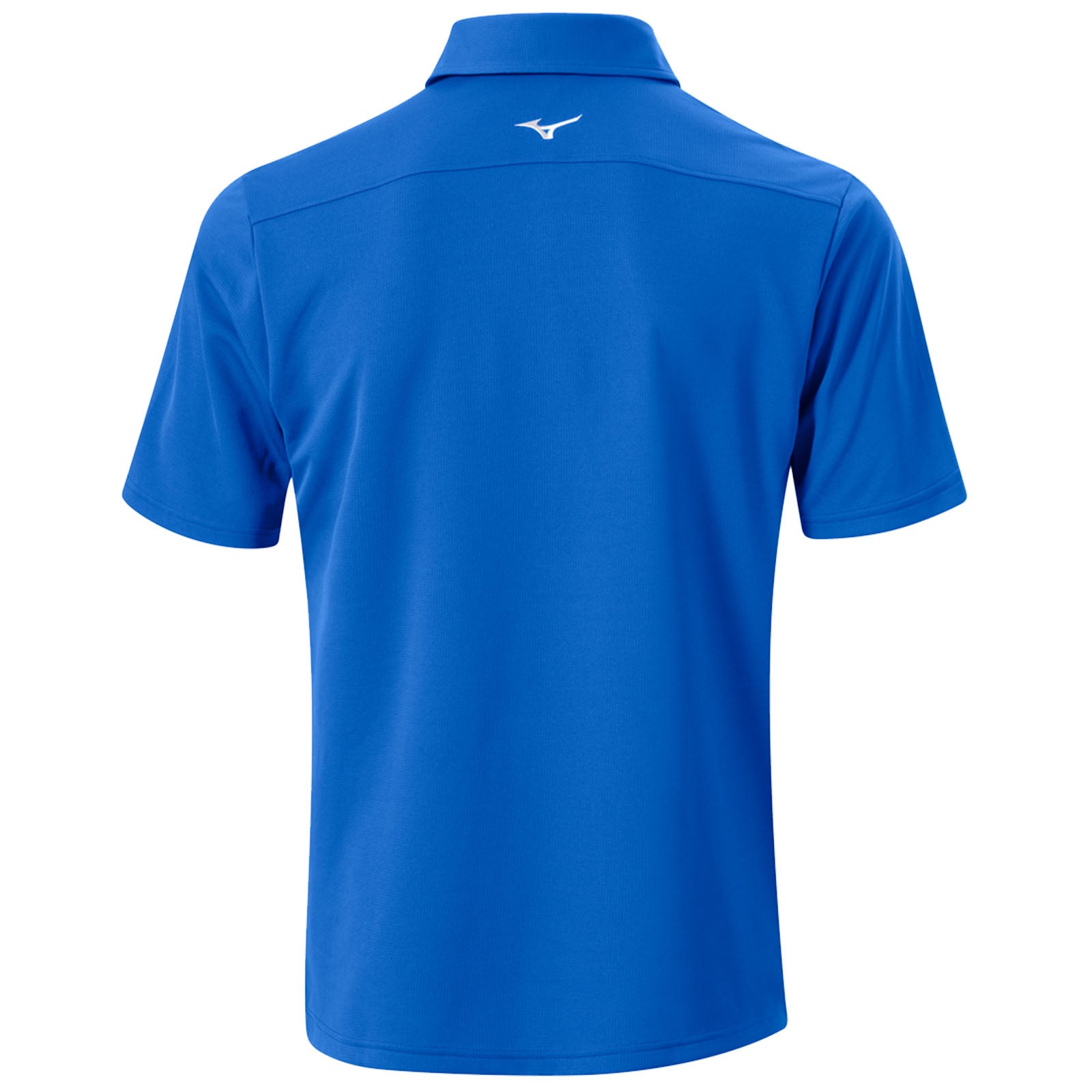A bright blue polo shirt hangs, showcasing its short sleeves and collar, designed for casual wear, emphasizing simplicity and comfort in a neutral setting.