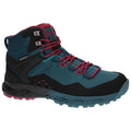 A waterproof hiking boot features a teal and black upper with red accents and laces providing support and traction for outdoor activities in rugged environments.