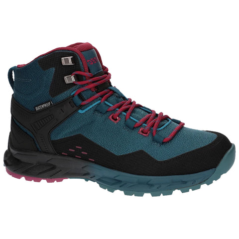 A waterproof hiking boot features a teal and black upper with red accents and laces providing support and traction for outdoor activities in rugged environments.