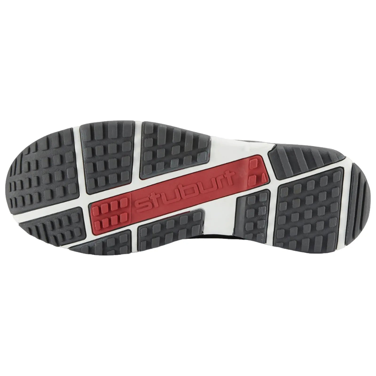 A shoe sole features a textured black and grey rubber surface with a prominent red label showing the word stuburt in the center indicating grip and traction for athletic activities.