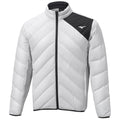 A white insulated jacket with a black accent features a zip front closure and a high collar. The design includes a chevron pattern and a logo on the upper left.