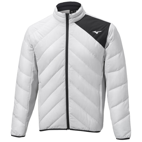 A white insulated jacket with a black accent features a zip front closure and a high collar. The design includes a chevron pattern and a logo on the upper left.