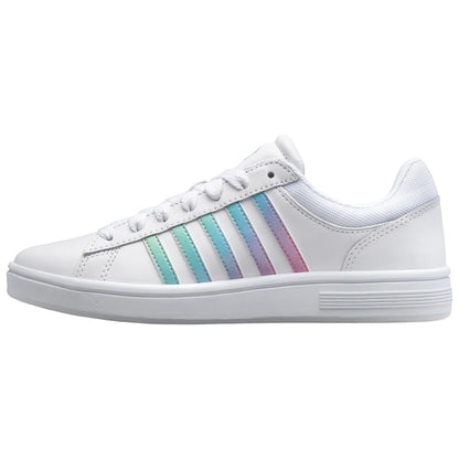 White sneaker with multicolored stripes featuring a gradient of turquoise and pink has laces and a rubber sole placed against a plain white background.