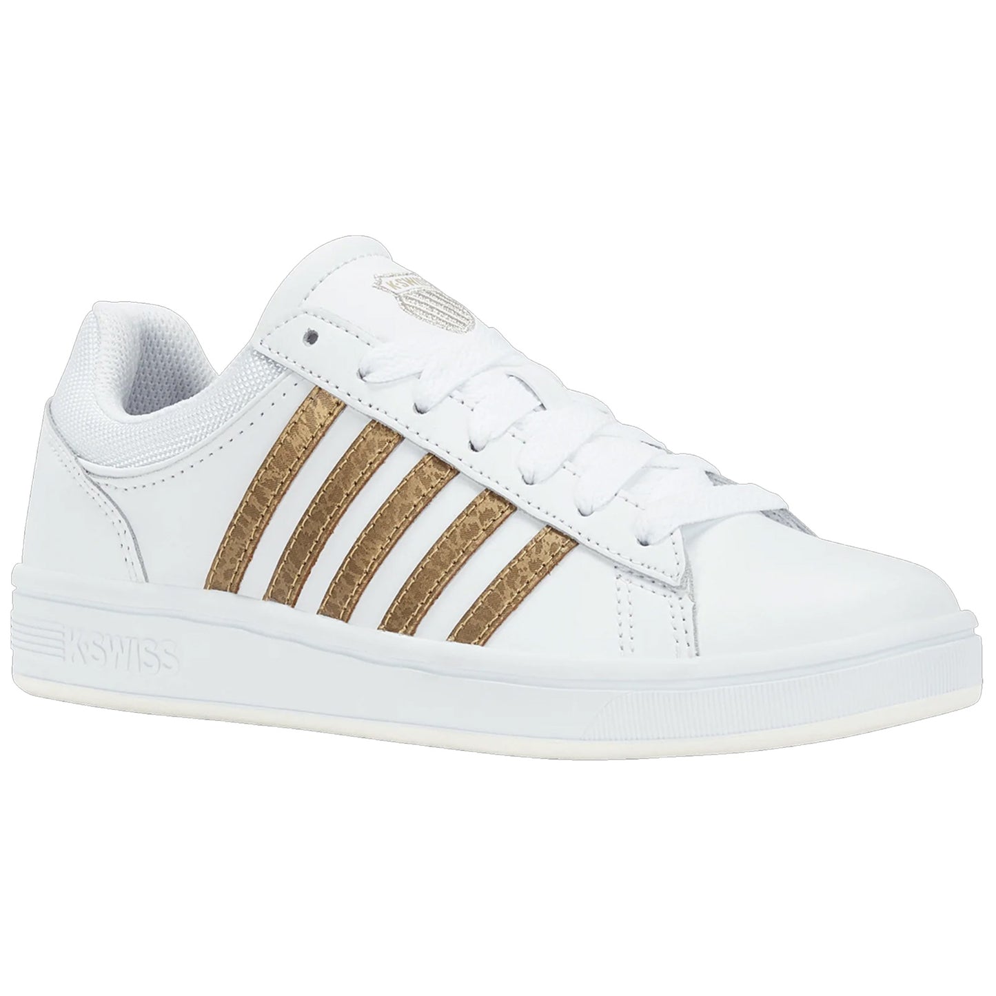 A white sneaker with three brown stripes on the side rests on a flat surface showcasing its glossy finish and lace-up front design emphasizing a sporty style and casual fashion context.