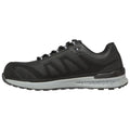 A black athletic shoe is positioned sideways showcasing its mesh design and laces emphasizing functionality and comfort suitable for running or fitness activities. The shoe has a gray sole with speckles.