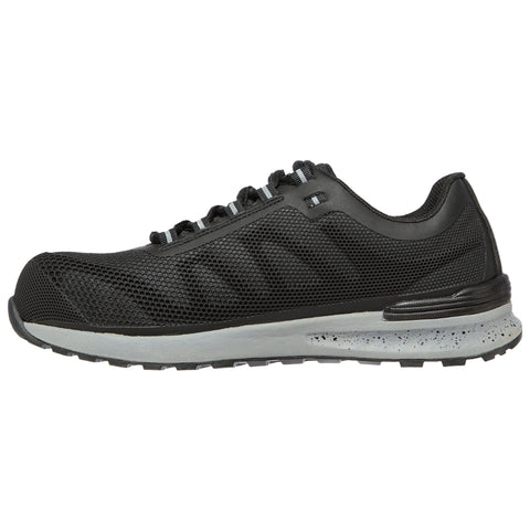 A black athletic shoe is positioned sideways showcasing its mesh design and laces emphasizing functionality and comfort suitable for running or fitness activities. The shoe has a gray sole with speckles.