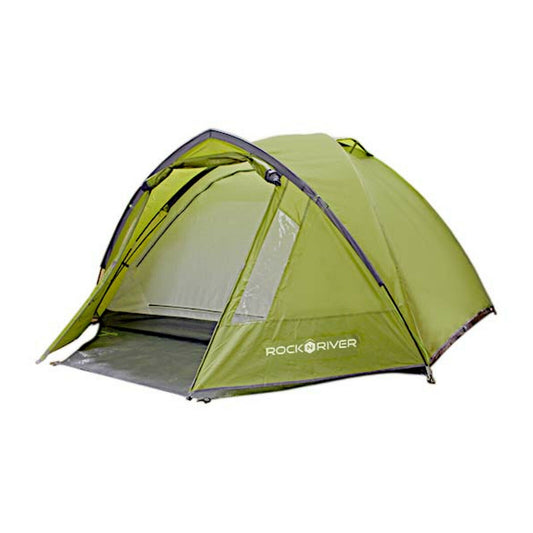 A green camping tent stands upright with an open entrance showcasing its interior space suggesting an outdoor setting suitable for camping or recreational activities.