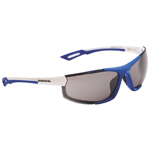 Sunglasses with a blue and white frame rest with gray lenses designed for sports or outdoor activities set against a neutral background emphasizing their sleek design and protective features.