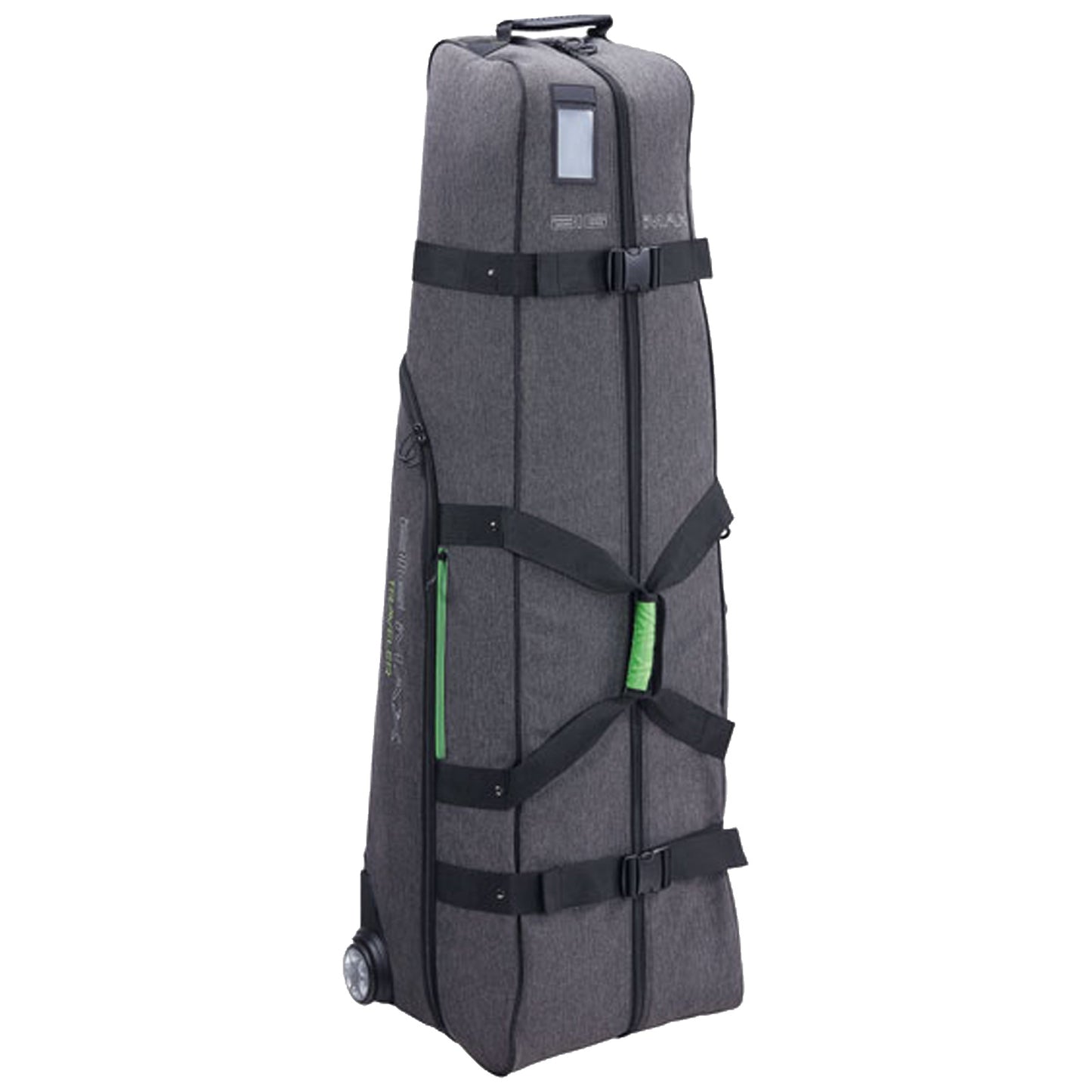 A vertical gray wheeled travel bag is securely zipped and strapped, designed for transporting gear. It features a handle on top for easy maneuvering and a side pocket for convenience.