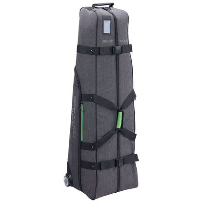 A vertical gray wheeled travel bag is securely zipped and strapped, designed for transporting gear. It features a handle on top for easy maneuvering and a side pocket for convenience.