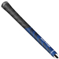 A golf club grip made of black rubber with blue accents sits upright displaying textured patterns for better handling in various weather conditions. The top features the logo Golf Pride.