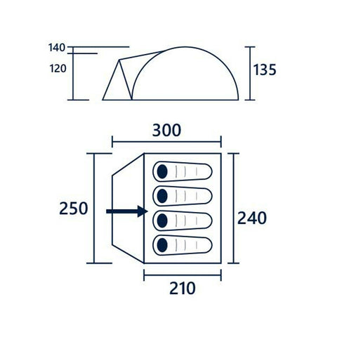 A tent is depicted with dimensions labeled above and below it. The top view shows a semi-circular shape while the bottom view illustrates a rectangular shape with four circular openings.