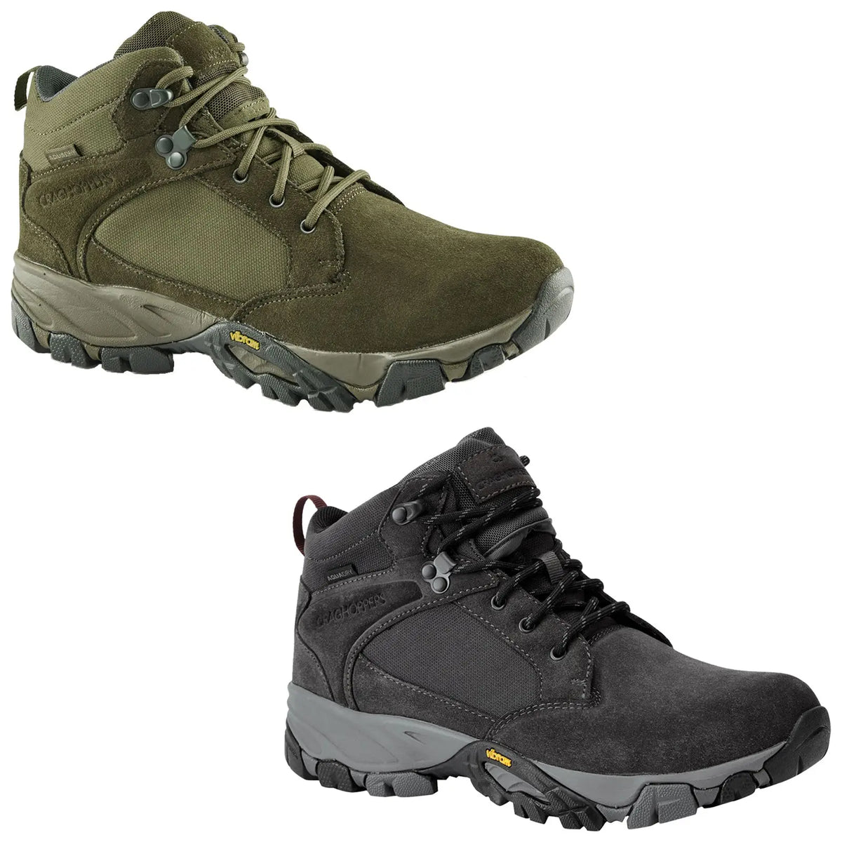 Craghoppers Mens Salado Waterproof Mid Walking Boot Two pairs of sturdy hiking boots are displayed side by side. The boots feature high tops for ankle support and are designed for outdoor terrain with rugged soles for traction.