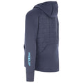 A navy blue hoodie features a quilted back with a geometric pattern and a logo on the sleeve. It is designed for warmth and comfort in casual settings.