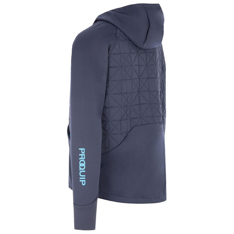 A navy blue hoodie features a quilted back with a geometric pattern and a logo on the sleeve. It is designed for warmth and comfort in casual settings.