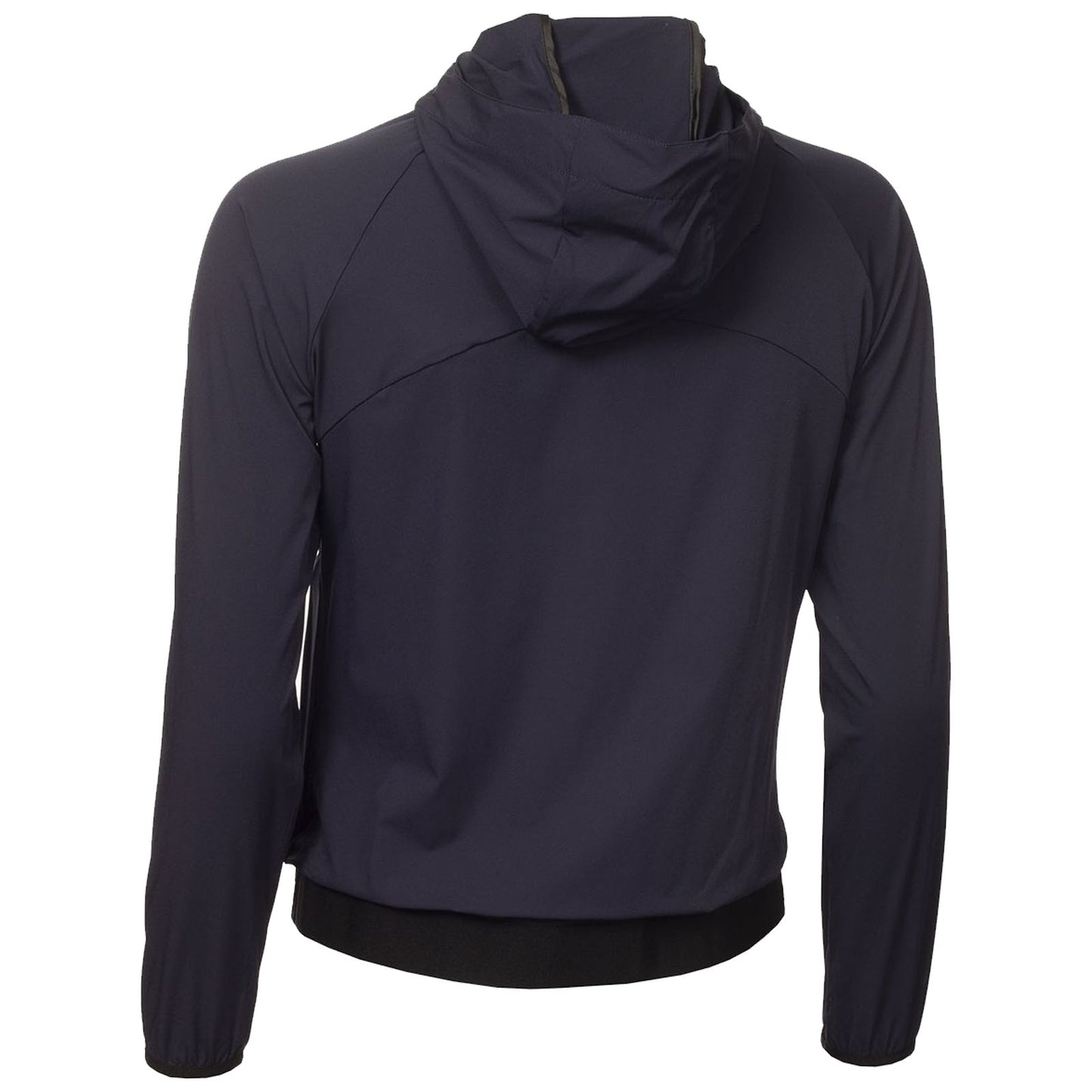 A dark navy jacket with a hood is displayed from the back revealing long sleeves and a fitted waistline indicating it is designed for active use in outdoor environments.