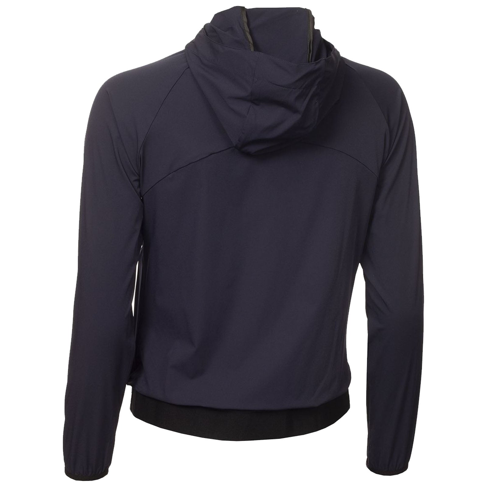 A dark navy jacket with a hood is displayed from the back revealing long sleeves and a fitted waistline indicating it is designed for active use in outdoor environments.