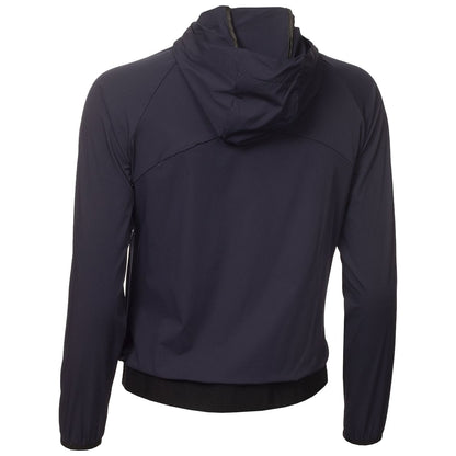 A dark navy jacket with a hood is displayed from the back revealing long sleeves and a fitted waistline indicating it is designed for active use in outdoor environments.