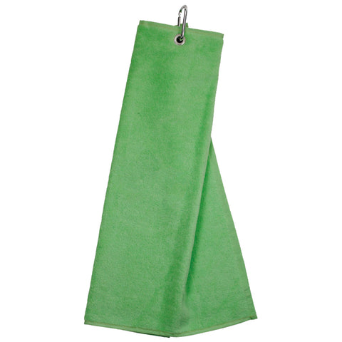 A green towel hangs down displaying soft texture while a metal clip holds it in place contextually suited for drying hands or cleaning in a kitchen or bathroom setting.