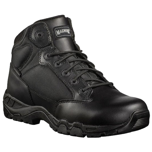 A black tactical boot features a leather and mesh exterior laced up the front designed for durability and support typically used in outdoor or rugged environments.