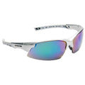 Sunglasses with a sleek design feature mirrored lenses that reflect an array of colors while the shiny frame suggests a sporty aesthetic suitable for outdoor activities.