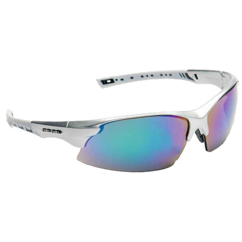 Sunglasses with a sleek design feature mirrored lenses that reflect an array of colors while the shiny frame suggests a sporty aesthetic suitable for outdoor activities.