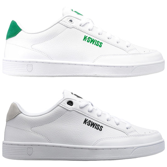 Two pairs of white athletic shoes are displayed side by side one featuring a green heel and logo while the other has a gray heel and black logo both are designed for casual wear.