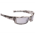 A pair of gray camouflaged sunglasses rests on a flat surface with reflective lenses highlighting their sleek design and tactical aesthetic suitable for outdoor activities or fashion.