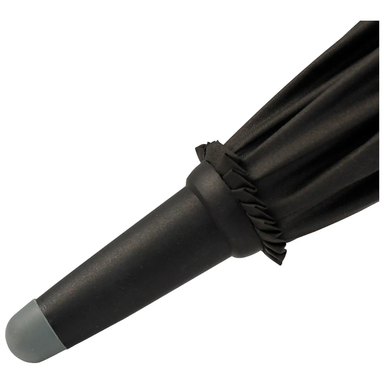 A black umbrella with a pointed handle rests in an upright position showcasing its fabric canopy and handle details suggesting it is ready for use in inclement weather