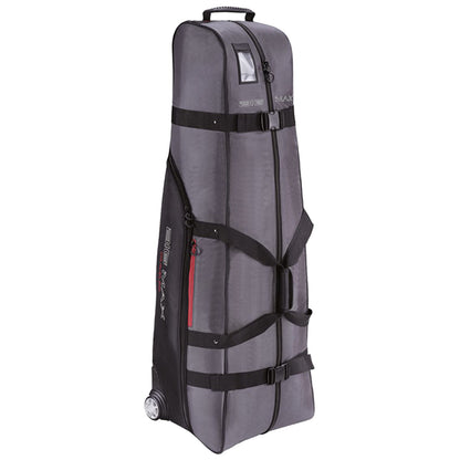 A tall gray bag with wheels stands upright featuring straps for securing contents and a small transparent pocket at the top possibly for a name tag or identification.