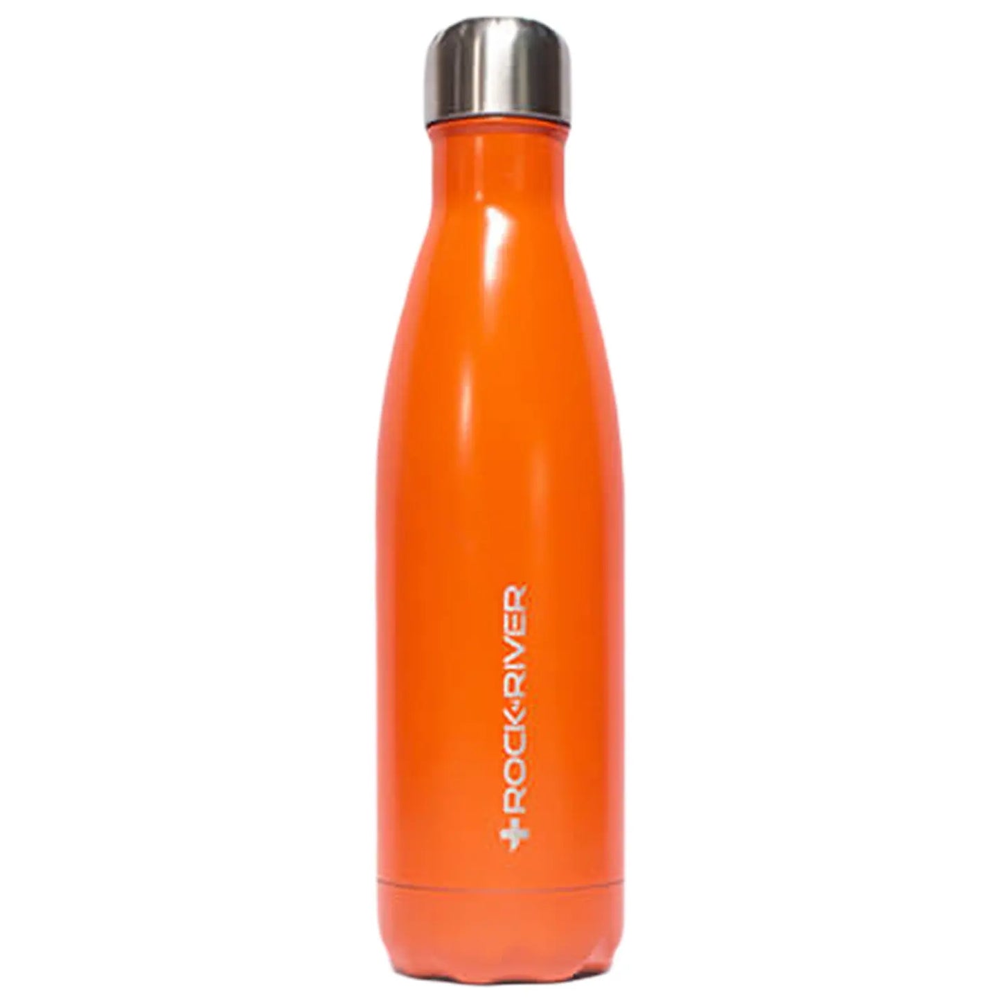 A bright orange insulated water bottle stands upright with a stainless steel cap on top while featuring the brand name ROCK RIVER printed in white on the side.